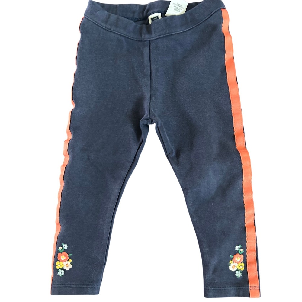 Janie and Jack Girls Navy Blue Floral Embroidered Leggings Orange Stripes 3T